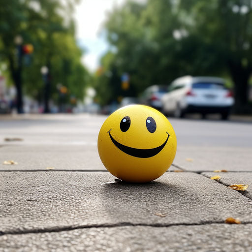 Smiling yellow ball on sidewalk, style of code-based creations
