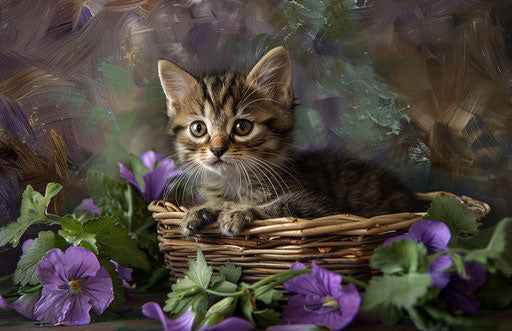 Tiny kitten in basket with flower