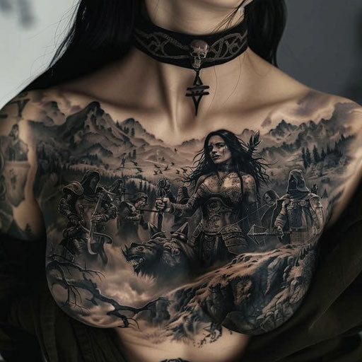 Epic narrative chest tattoo for women