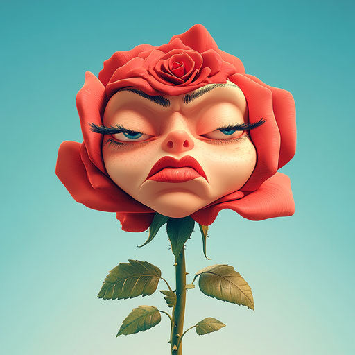Humorous caricature of a red rose caricature with human characteristics