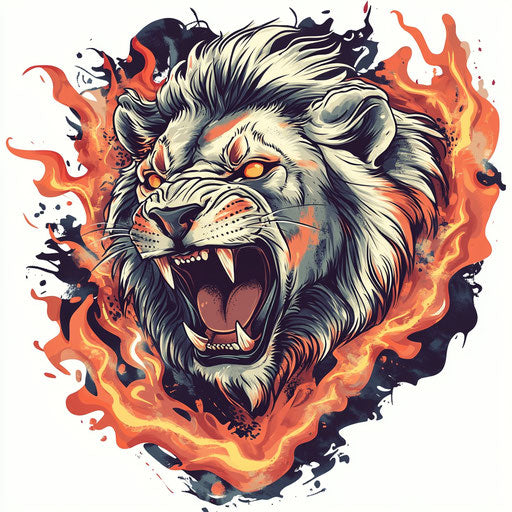 Lion tattoo sketch roaring with fiery flames