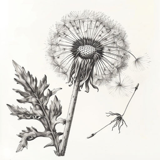 Vintage botanical illustration of a dandelion as tattoo design