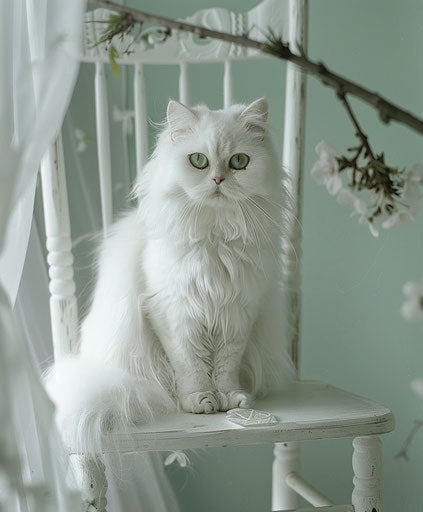 White Persian cat sitting on a white wooden chair