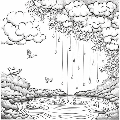 Ducks in a whimsical rain puddle under a cloud