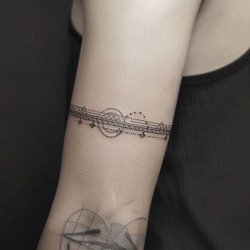Minimalist armband tattoo with lines and shapes, on arm