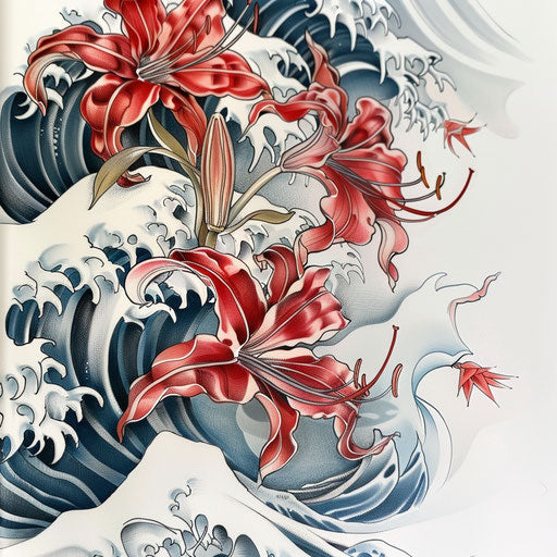 Japanese style spider lily tattoo with waves and wind bars