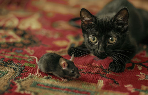 Black cat playing with a mouse, exaggerated features, carpetpunk