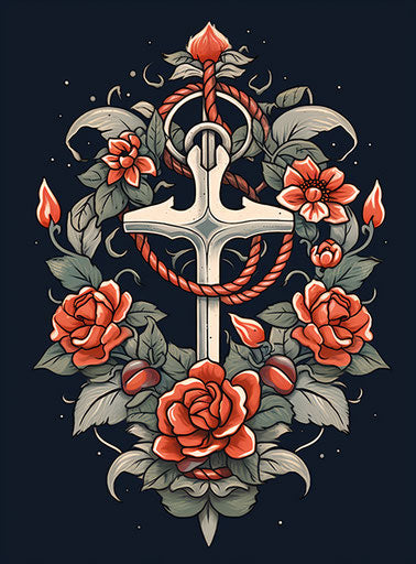 Anchor Cross Tattoo with Red Heart, Mexican Folklore Style, Dark White Black, 1900–1917, Animecore, Dansaekhwa, Symbolic Images 14:19