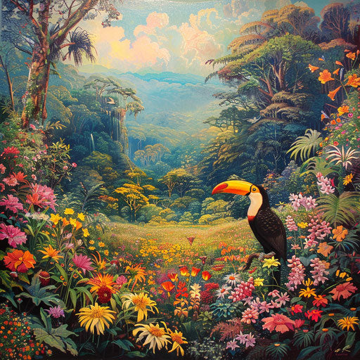 Enchanting view of a toco toucan in a field of exotic, vibrant flowers, with tall trees in the distance.