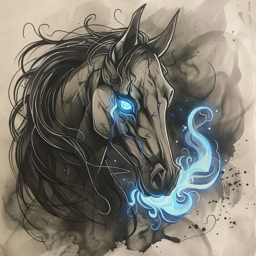 Flat tattoo sketch of a dark horse with a ghostly aura and glowing eyes