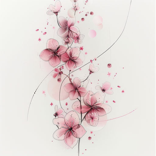 Unalome tattoo with cherry blossom theme in soft pink on white