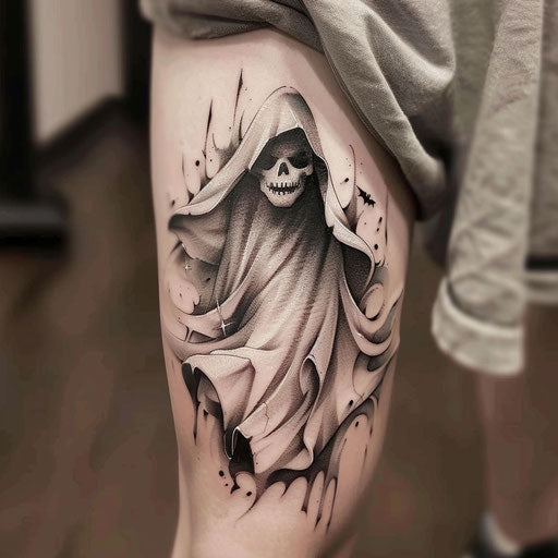 Haunting ghost tattoo in flowing ethereal style