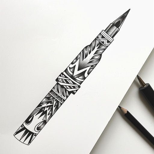 Stylized sketch of a bullet with bold tribal patterns and metallic sheen