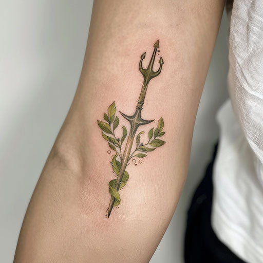 Eco-themed trident tattoo with green leaves on white background