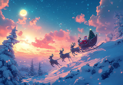 Santa's sleigh pulled by reindeer through the night