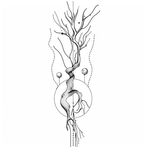Flat tattoo sketch of a minimalist, single-line root drawing with abstract shapes