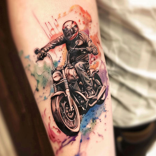 Watercolor style tattoo of a gangster on a classic motorcycle