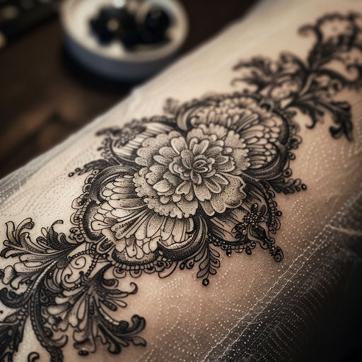 Flat tattoo sketch of a micro realism intricate lace pattern with shadows and highlights