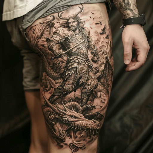 Detailed fantasy thigh tattoos for men with dragons and medieval warriors