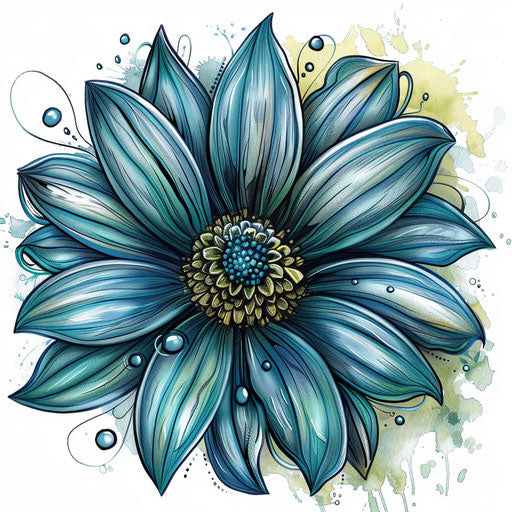 Tattoo sketch of an intricate daisy with dewdrops, styled as a clipart flat design, using shades of blue and green