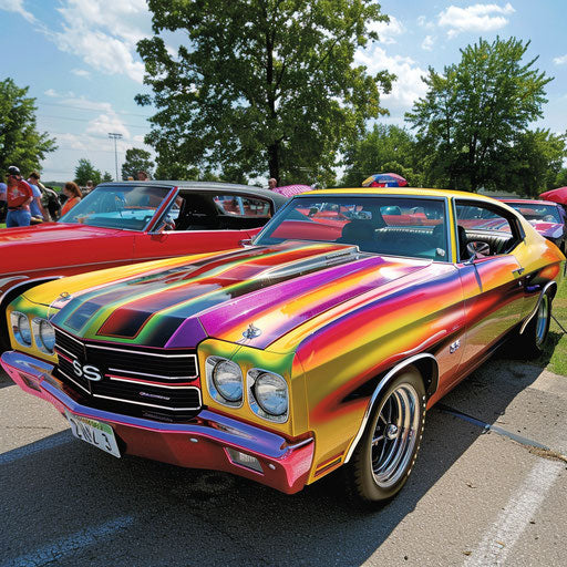 1977 Chevelle with vibrant psychedelic paint at classic car meet