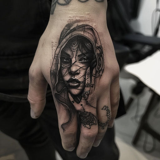 men's finger tattoos in the style of Gerald Brom with dark fairy tale elements
