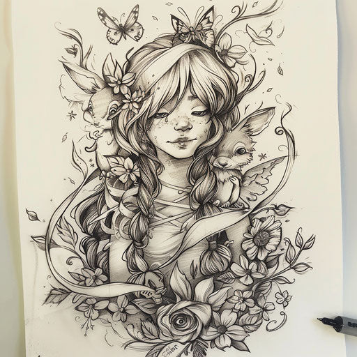 Whimsical ribbon tattoo sketch with fairytale creatures and enchanted forests