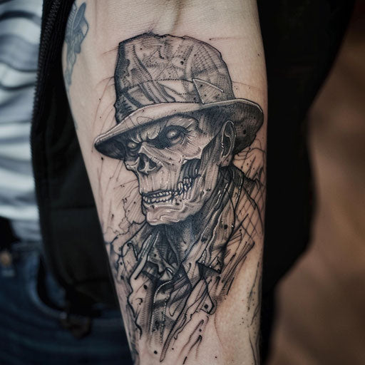 Horror-themed gangster tattoo with a zombie mobster design