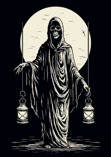 Grim reaper holding lantern in black and white