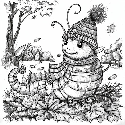 Playful caterpillar with scarf and hat in autumn