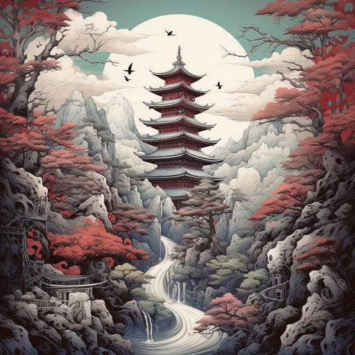 Art print of mountains in neo-traditional Japanese style