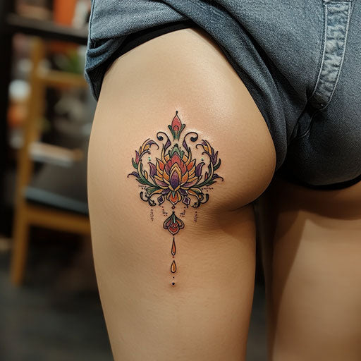 Sak yant tattoo with protective Hah Taew design, Ed Hardy style