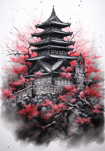 Japanese temple with red flowers, dark and silver style, anime art, naïve drawing