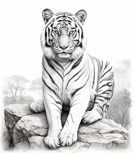 Black and white drawing of a sitting tiger, zbrush style
