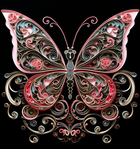 Black and pink butterfly, floral and swirl design, in line drawing style