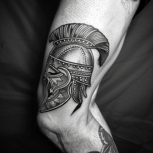 Knee tattoos in the style of David Palumbo with a warrior's helmet