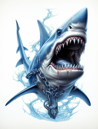 Anchor with shark tattoo, airbrush art style, character design emphasis, pencil art, gray and blue