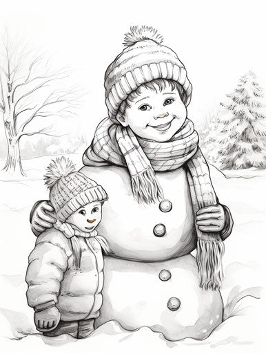 Child playing with snowman in the snow