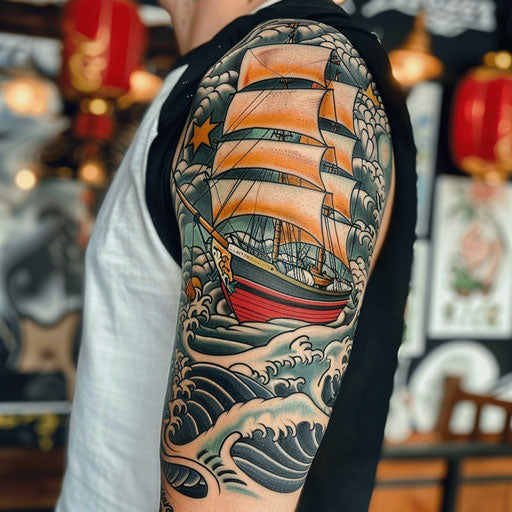 Half sleeve tattoo for men in the style of Sailor Jerry with a ship and waves