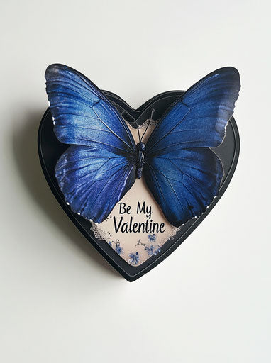 Blue butterfly on heart-shaped glass with 'Be My Valentine' message