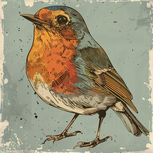 Flat tattoo sketch of a robin in a rustic, vintage print style