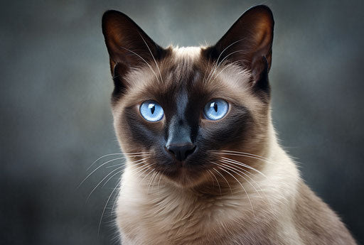 Siamese cat portrait with blue eyes in the style of dark brown and light blue, opacity and translucency, dark indigo and dark beige, creative commons attribution, rollei prego 90, wiccan, emphasizes emotion over realism