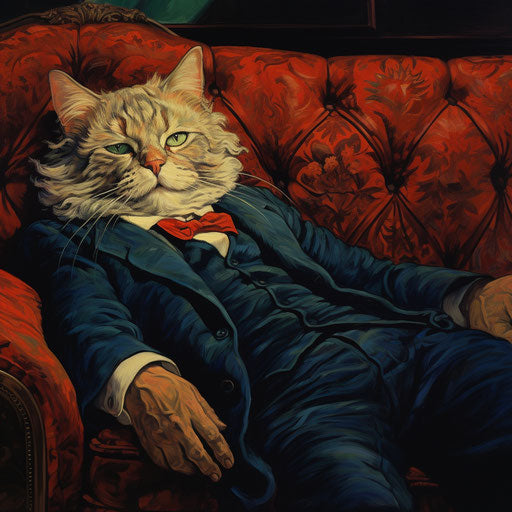 Louis Wain cat asleep on a couch with its owner