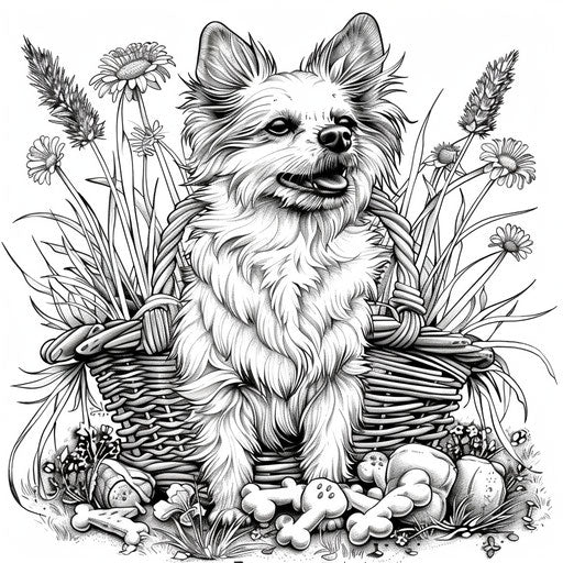 Dog with a basket of bones, in the style of Jen Bartel, coloring book page