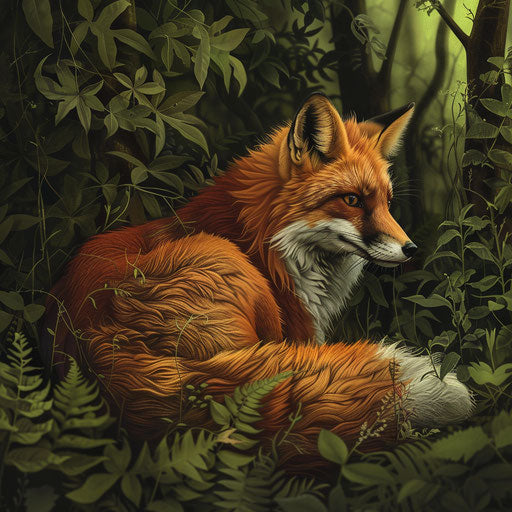 Red fox in a lush forest, vibrant and detailed