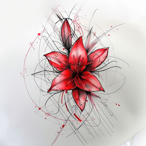 Artistic sketch of a red spider lily with abstract geometric patterns