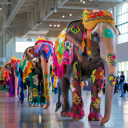 Elephant parade in vibrant cultural garments