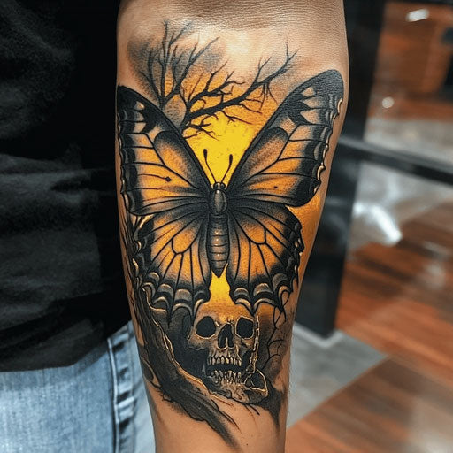 Men's forearm butterfly tattoo with horror themes