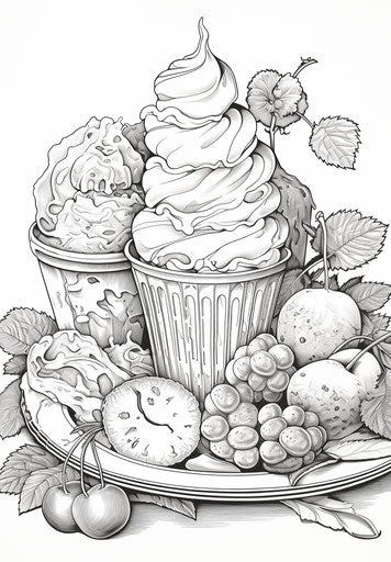 Ice cream and candy coloring pages, Don Maitz style, light red and dark aquamarine, Karl Schmidt-Rottluff, absinthe culture, complementary colors, symbolist creations