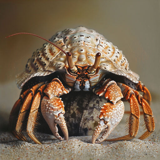 Hermit crab with a regal pose on the shore